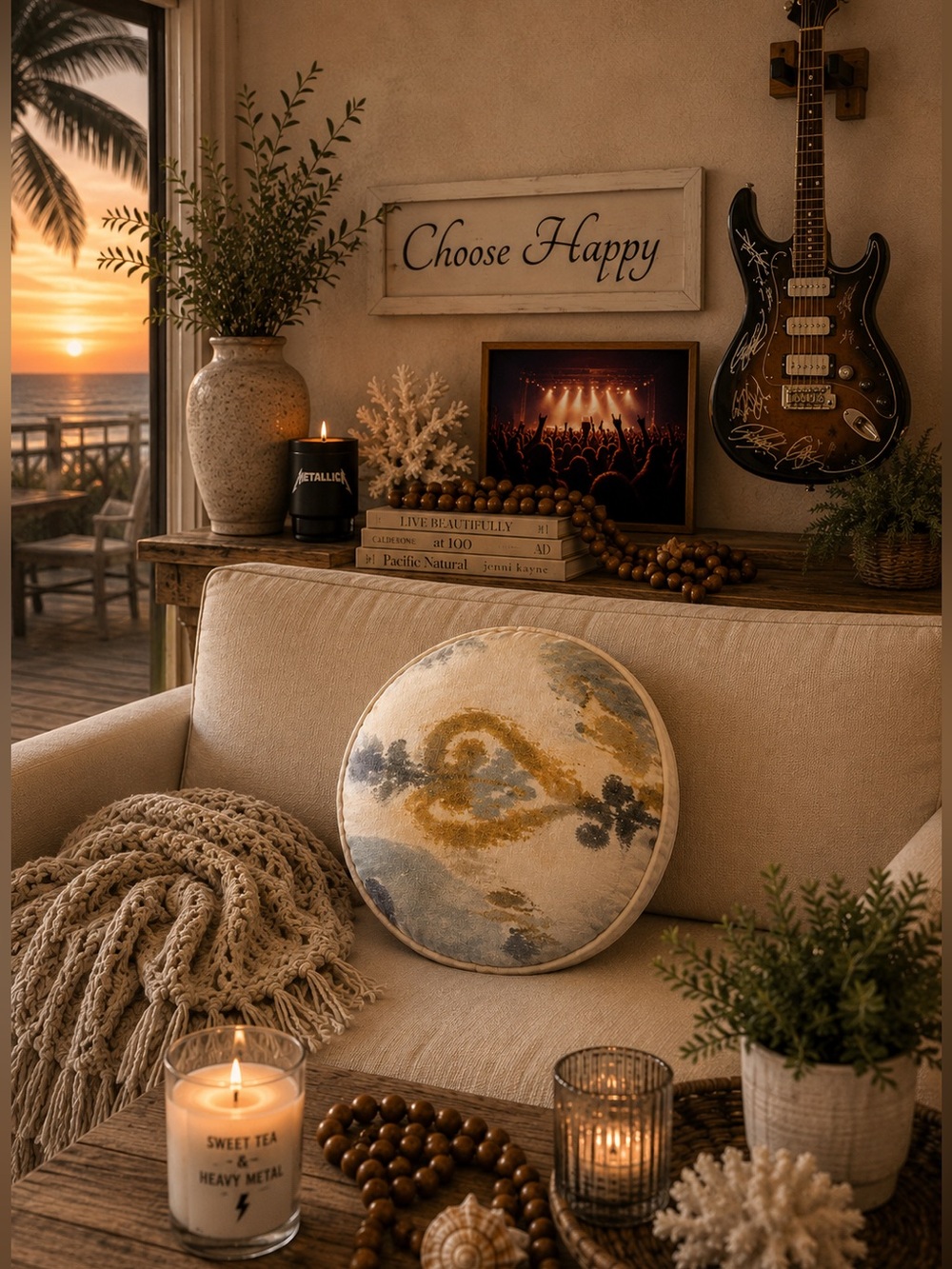 Round Abstract Coastal Accent Pillow Blue Gold Ivory Designer Throw Pillow